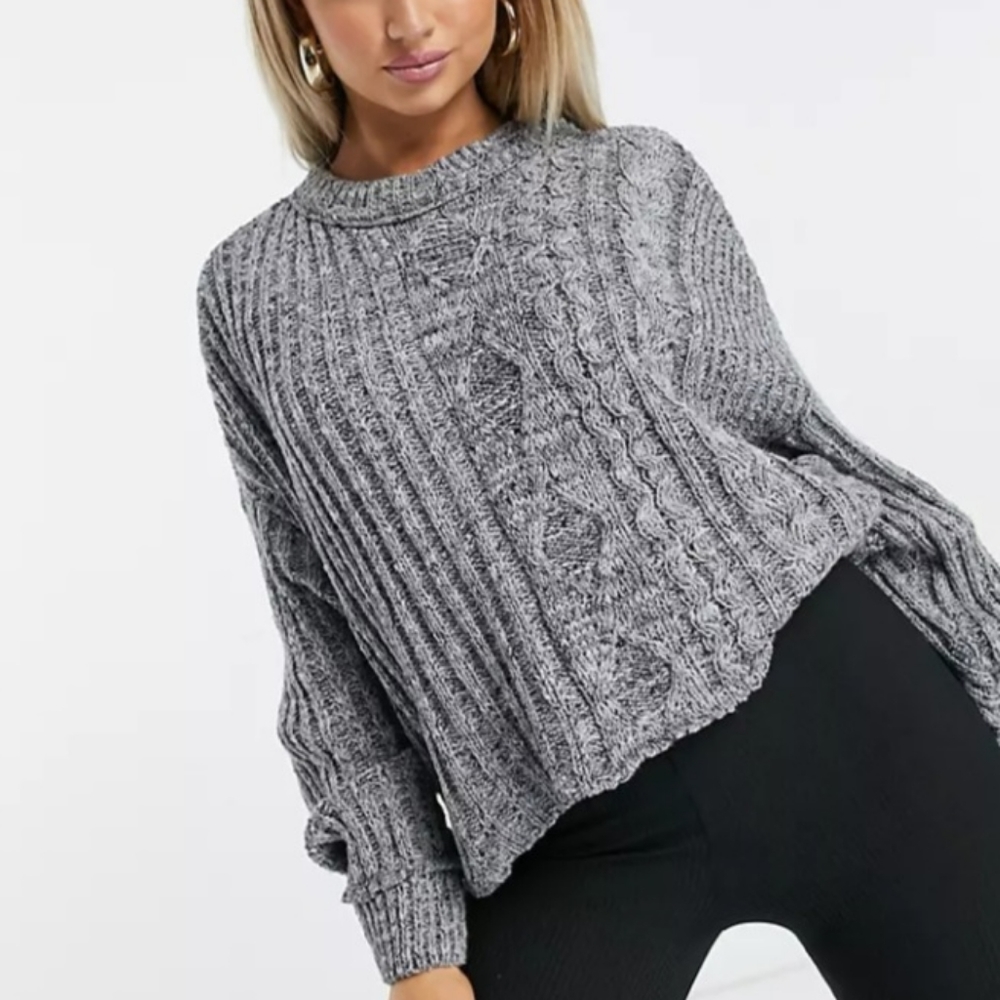 Free People On Your Side Crop Sweater Trick Mirror Grey Chunky Knit XL NWT